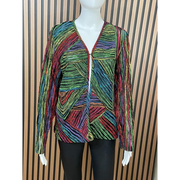Laura Ashley Women's M Green Blazer Mesh Jacket VTG Grosgrain Funky Artsy Stripe - Picture 1 of 6